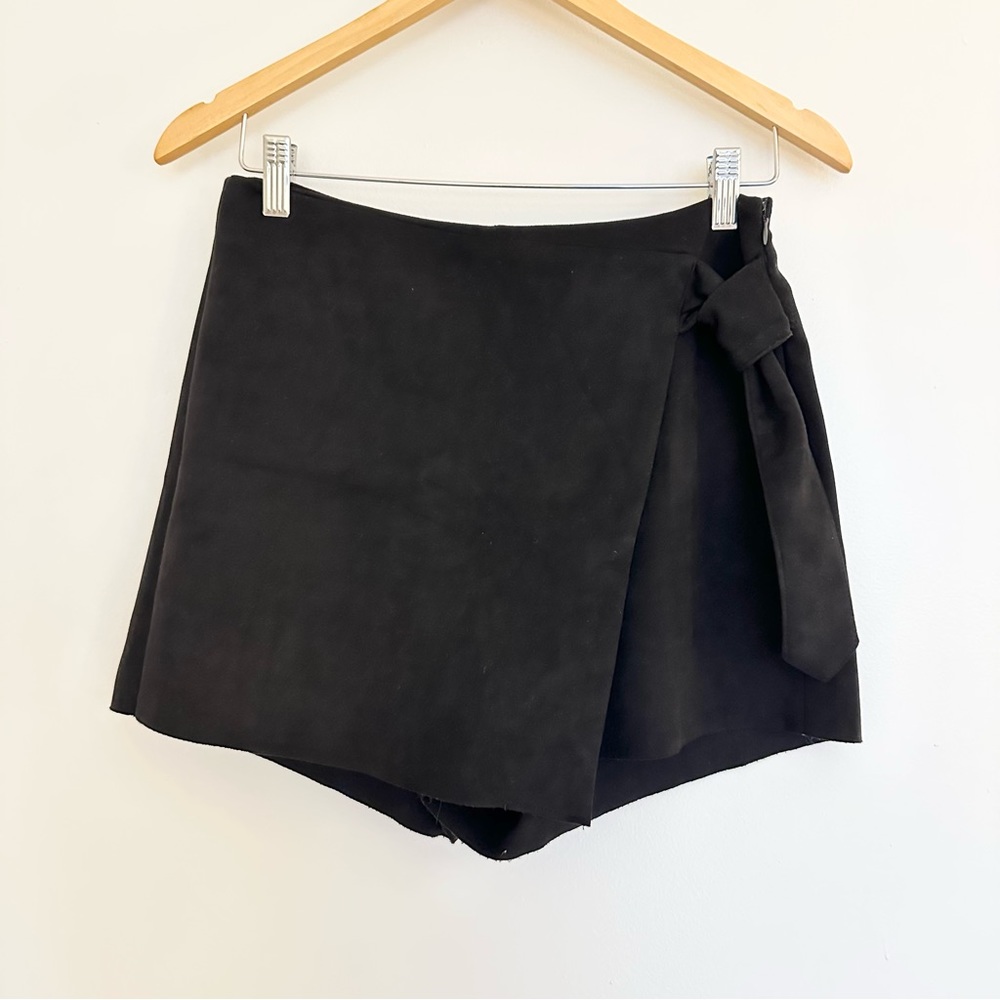 Zara Black Faux Suede Skort with Side Tie Detail